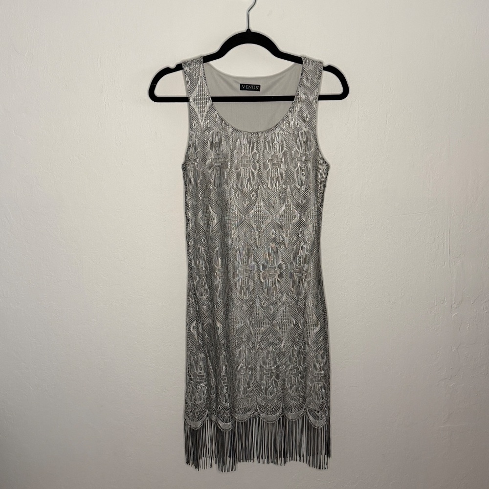 Women's Silver Sleeveless Scoop Neck Fringe Sheath Dress